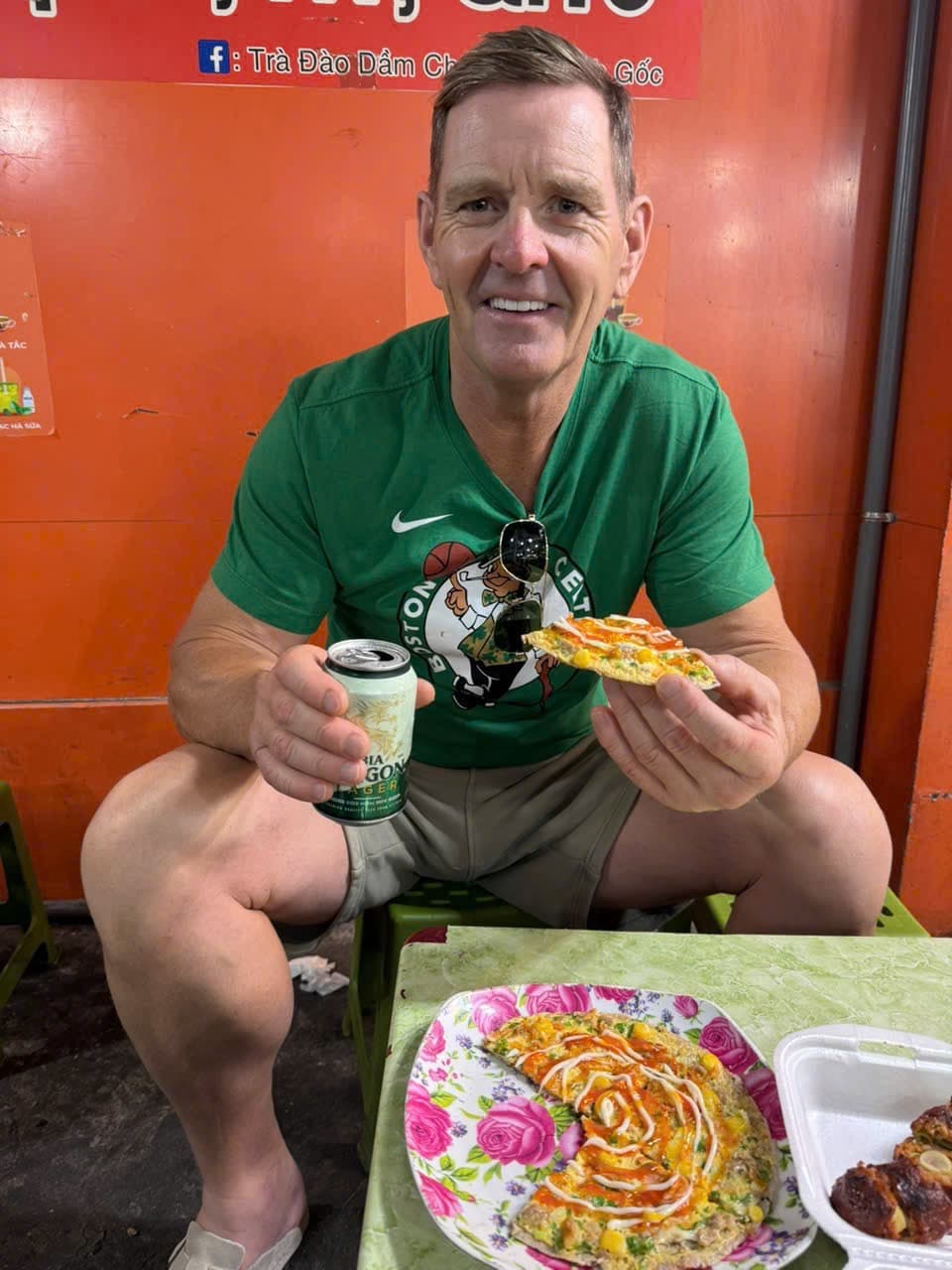 Guest enjoying Vietnamese pizza